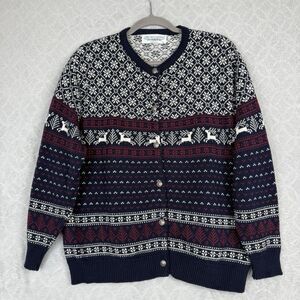 Vtg Fair Isle Cardigan Sweater Womens M Blue Cozy Cabincore Holiday Christmas